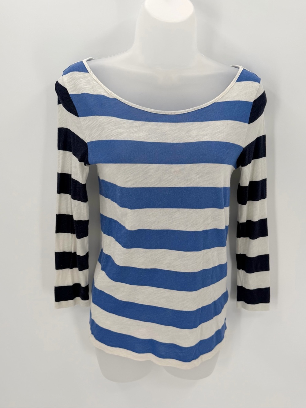 J. Crew Tee Women's XS Blue Striped Top 100% cotton Wide Neckline READ